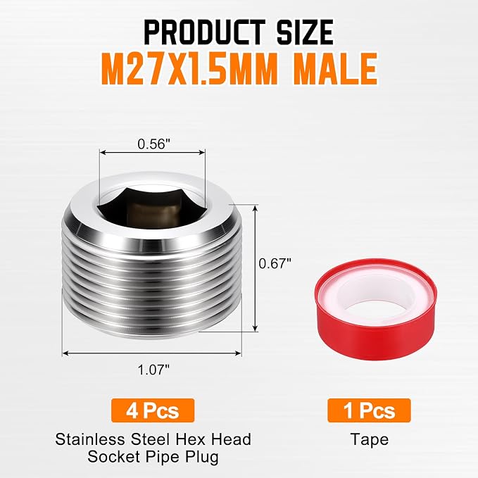 4Pack Hex Head Socket Pipe Plug Fitting M27x1.5mm End Cap Hex Thread | Male Threaded, 304 SS, Pipe Fittings, with W/Tape, for Water Pump Engine Industrial Piping