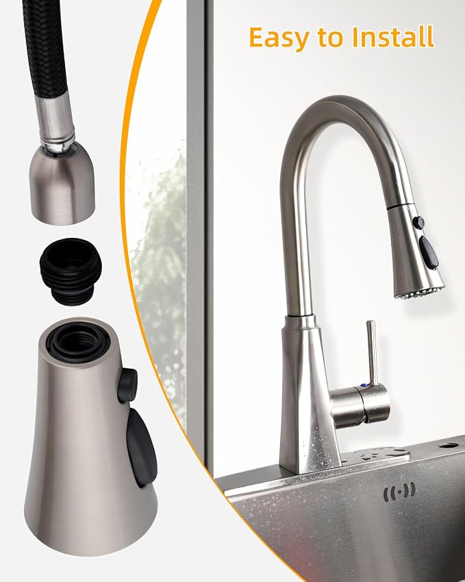 Hibbent Kitchen Sink Faucet Head Replacement, NSF/ANSI/CAN 61 & CUPC Certified, 3-Function Pull Down Sprayer Nozzle with 15 Adapters, Compatible with Delta, Kohler, Moen Faucets, Brushed Nickel