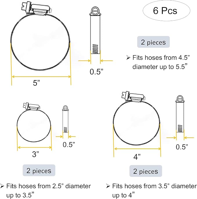 3" 4” 5" Adjustable 304 Stainless Steel Duct Clamps (3 Sizes, 6Pcs) | Hose Clamps Assortment Kit, Air Ducting Clamp, Worm Drive Pipe Clamps for Plumbing, Automotive and Mechanical Applications
