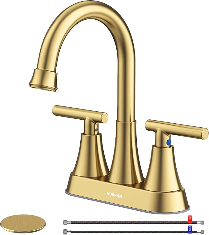 Brushed Gold Bathroom Faucet, Hurran 4 inch Centerset 2-Handle Lead-Free