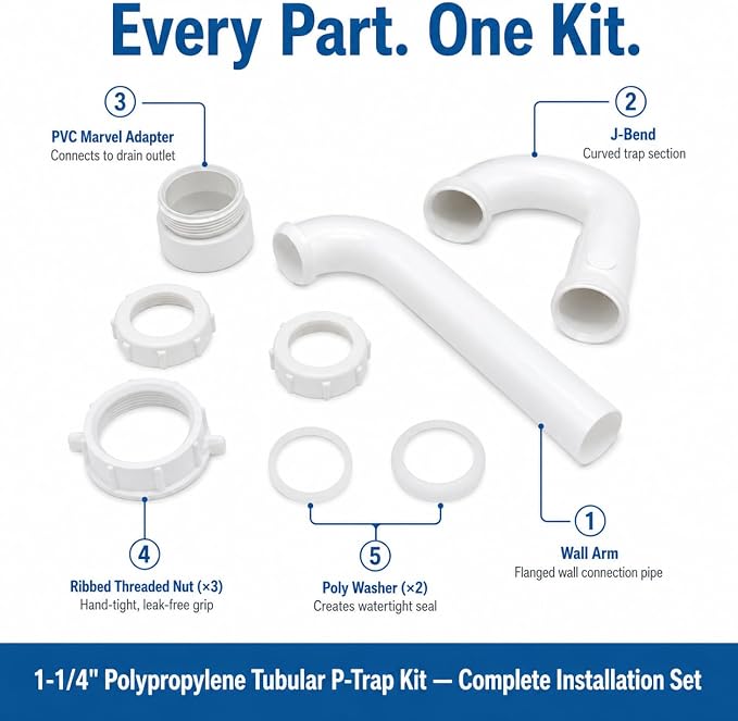1-1/4 Inch P-Trap Kit, Polypropylene Tubular with PVC Marvel Adapter, Ribbed Threaded Nuts for Strong Leak-Free Connection, Includes J-Bend, Wall Arm & Washers