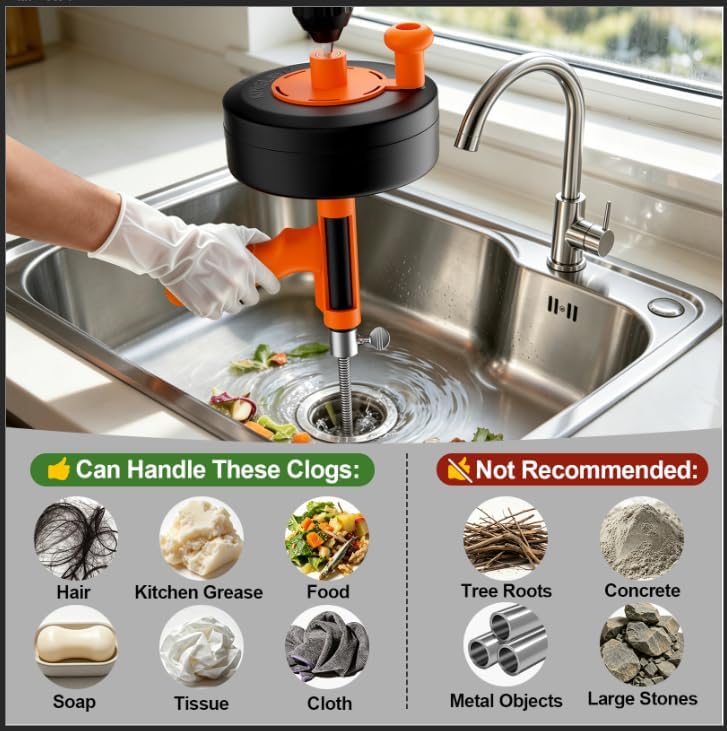 Drain Auger, Plumbing Snake With Drill Adapter, 35ft Heavy Duty Flexible Sink Steel Plumbing Auger Bathroom Hair Clog Removal Tool, Manual Or Powered - No auto retract or feed