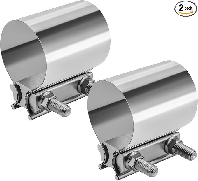 3.0 Exhaust Clamp, 3 Inch Butt Joint Sleeve Coupler 2 Pcs | 304 Stainless Steel Exhaust Band Clamp, No Weld, 360° Seal For Exhaust Pipe, Muffler and Catalytic Converter