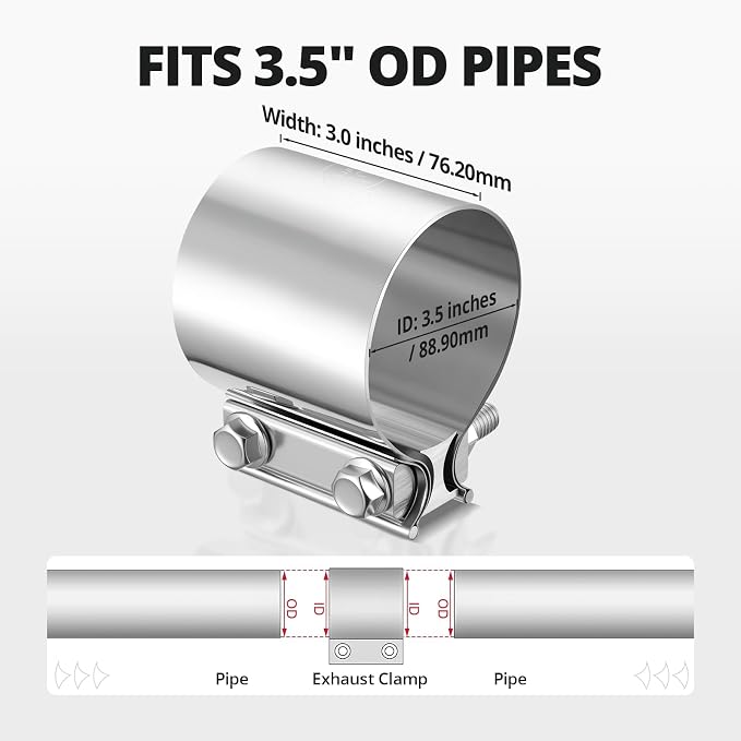 EVIL ENERGY 3.5 Inch Exhaust Clamp, 3 1/2" Butt Joint Band Clamp Sleeve Coupler Stainless Steel for Pipes, Mufflers, Catalytic Converters 2PCS