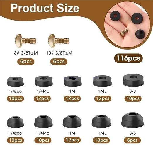 Faucet Washer Kit 116Pcs Leak Fixing Rubber Washers Faucet Washer Assortment Kits Flat Beveled Plumbing Seal