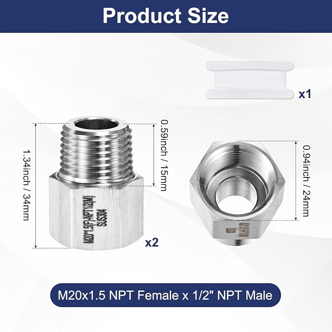 M METERXITY 2-Pack Garden Hose Adapter, Stainless Steel M20x1.5 NPT Female x 1/2" NPT Male Threaded Connector with Sealing Tape Garden Hose Convert Fitting for Pipe Fitting/Shower [Silver]