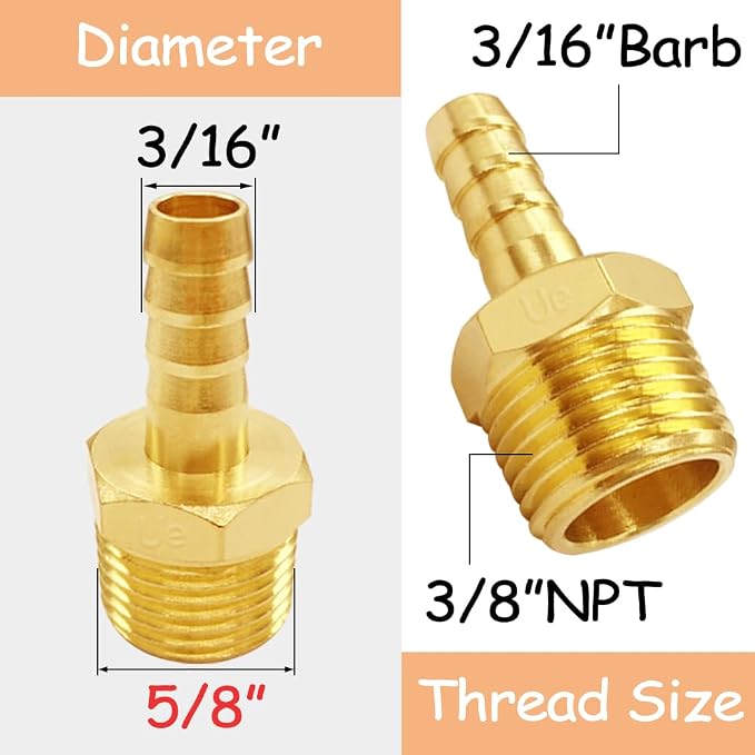 Uenede Brass 3/8" NPT Male to 3/16" Hose Barbed Fittings, 6PCS | Barb Pipe Fittings Air Line Repair Connectors for Water Oil Gas