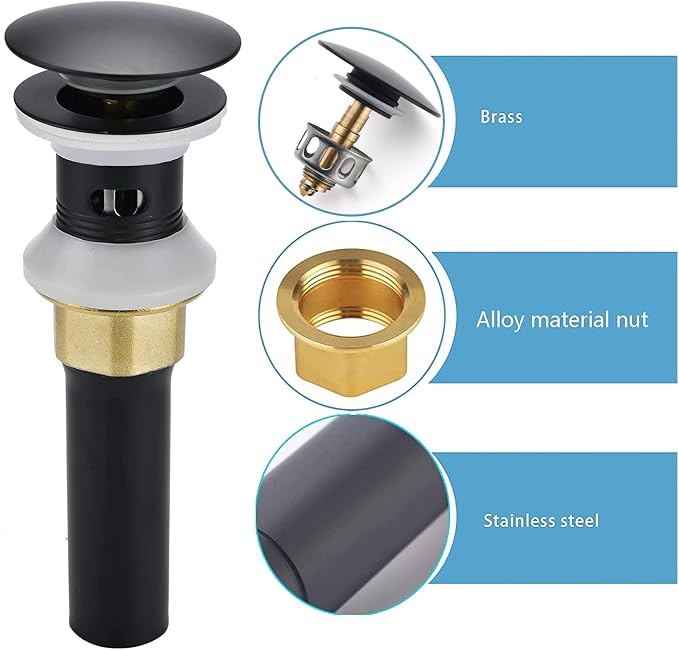 Rockgoya Bathroom Sink Drain,Drain Stopper Bathroom Sink with Overflow,Pop Up Drain Assembly with Detachable Strainer Basket,Built-in Anti-Clogging Strainer,Stainless Steel Mattle Black