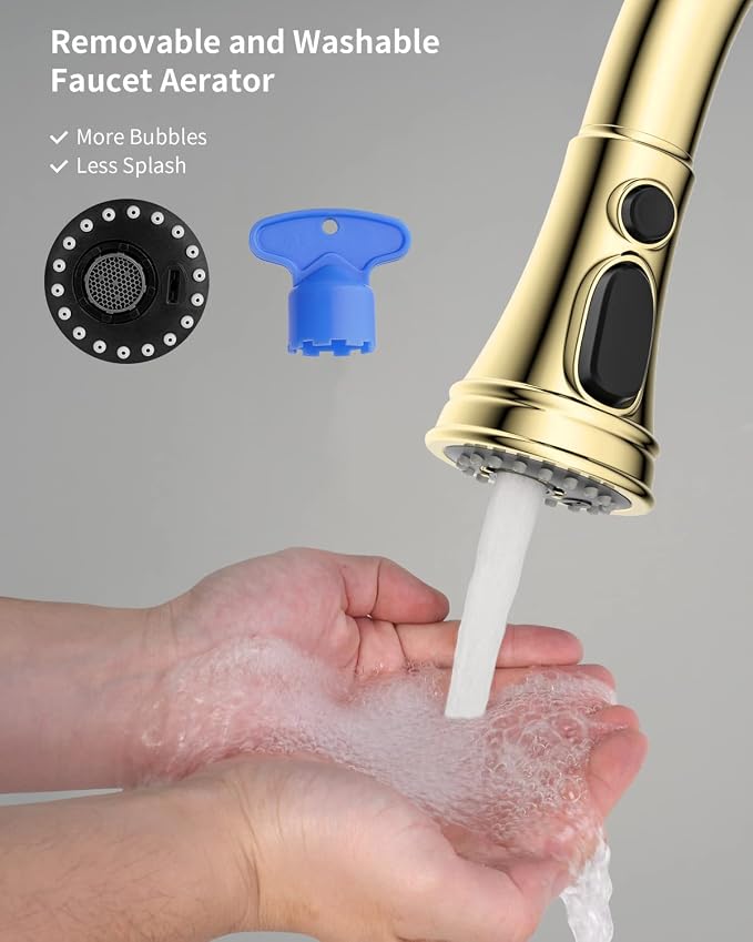 Hibbent Kitchen Faucet Head Replacement, NSF/ANSI/CAN 61 & CUPC Certified, 3 Function Pull Down Faucet Spray Nozzle - 10 Adapters Compatible with Moen, American Standard, Delta, Kohler-Polished Brass