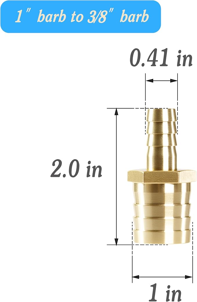 Brass Hose Barb Reducer 1" (25mm) to 3/8" (10mm) Reducing Barb Splicer Mender with Stainless Steel Pipe Clamps air Hose Repair kit for Pipe Line/Fuel/Air (Pack of 3)