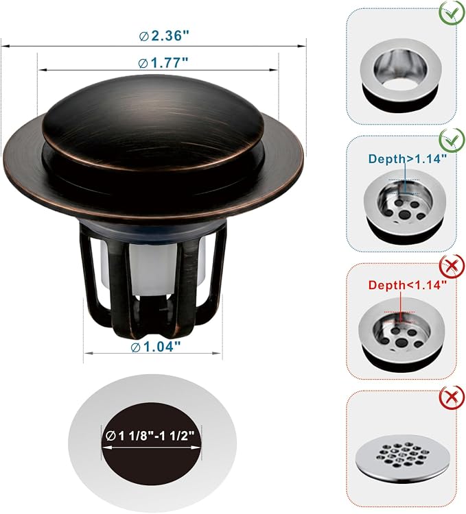 WELSAN Oil Rubbed Bronze Bathroom Sink Drain Stopper 1 1/8"-1 1/2", 2 Pack