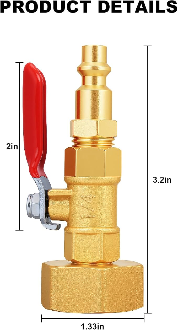 SIGURANTA RV Winterize/Winterization Blowout Adapter - Brass with Ball Valve, 1/4" Male Quick Connect to 3/4" Female GHT Garden Hose Thread