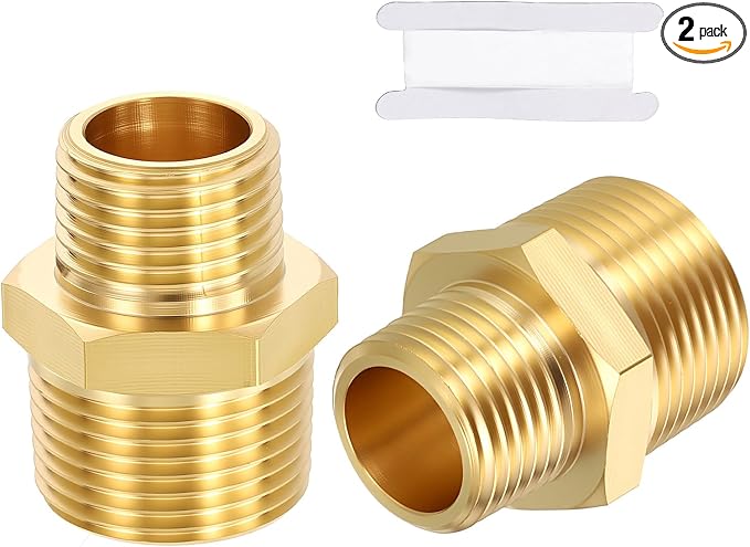 2 Pack Brass Pipe Fittings, 3/4" MNPT to 1/2" Male NPT | Brass Hex Nipple W/ Sealing Tape, Male Pipe Adapter Reducer for Air, Oil, LP, Gas