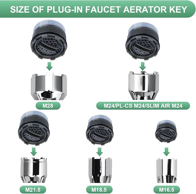 Upgraded Metal 10-in-1 Faucet Aerator Tool Kit,Includes 16 Pack Replacement Faucet Aerators M16.5/M18.5/M21.5/M24 (4 Each Size),Universal Heavy-Duty Removal Key,Must-Have DIY Plumbing Fixes