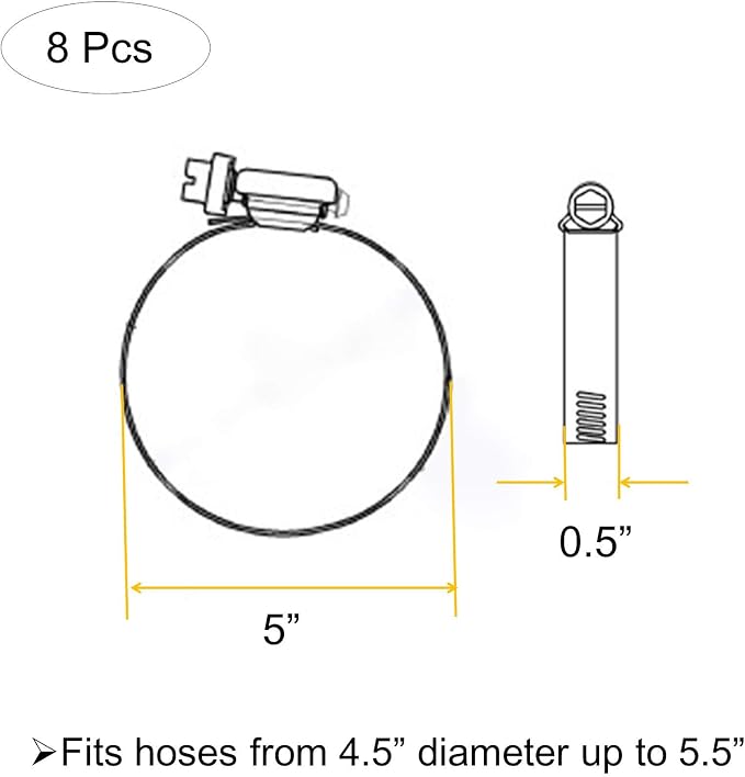5 Inch Adjustable 304 Stainless Steel Duct Clamps Hose Clamp (8Pcs) | Rust Resistant 5” (Diameter) Worm Drive Hose Clamps, Pipe Clamp for Plumbing, Automotive, Mechanical Applications (118-140mm)
