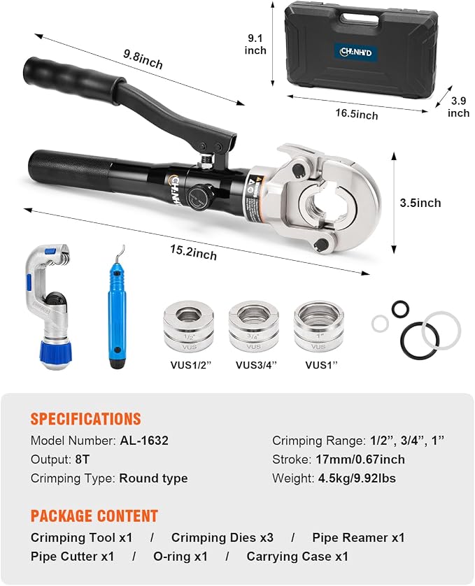 Hydraulic Copper Tube Fittings 1/2, 3/4, 1" Press Crimping Tool Kit Pex Pipe Crimper Pressing Pliers Stainless PEX Press Sleeves for Copper Pipe (Black, AL-1632-VUS)