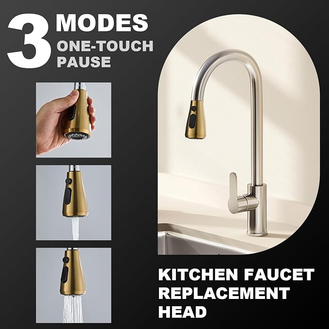 Kitchen Faucet Head Replacement Part, G1/2 (13/16" Male Thread) Pull Down Pull Out Sink Sprayer Nozzle, 3 Functions Stream Spray Pause Faucet Tip, Brushed Gold