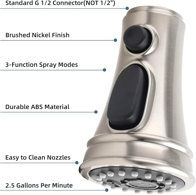 Universal Kitchen Faucet Sprayer Head 3 Modes, 15 Adapters, Brushed Nickel