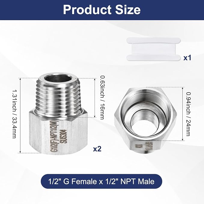 M METERXITY 2-Pack Garden Hose Adapter, Stainless Steel 1/2" g Female x 1/2" NPT Male Threaded Connector with Sealing Tape Garden Hose Convert Fitting for Pipe Fitting/Shower [Silver]
