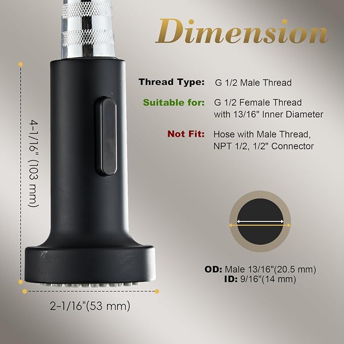 Kitchen Faucet Head Replacement, Pull Down Spray Head with 2 Spray Modes, High Pressure Faucet Sprayer, Universal Sink Spray Head Replacement (Matte Black)