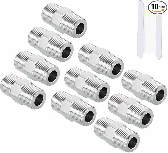 Pack of 10, 3/8" Male NPT To 3/8" Male NPT SUS304 Hex Nipple | Solid Male Pipe Adapter Hose Connectors with Sealing Tape for Pipe Repair, Bathroom Remodel, Tool Extensions, Compression