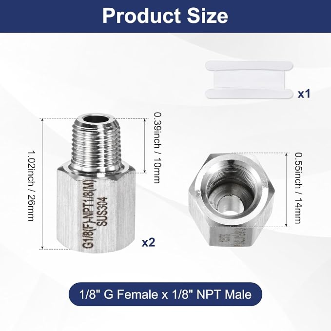 M METERXITY 2-Pack Garden Hose Adapter, Stainless Steel 1/8" g Female x 1/8" NPT Male Threaded Connector with Sealing Tape Garden Hose Convert Fitting for Pipe Fitting/Shower