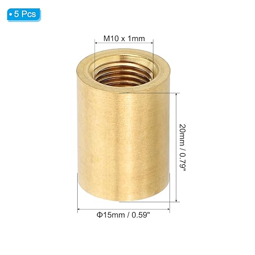 PATIKIL Lamp Pipe Brass Coupling Nut, 5 Pcs 20mm Long M10 Fine Round Thread Sleeve Lamp Pipe Adaptor Rod Connector Hardware for Light Fixture Assembly or Repair, 15mm OD.