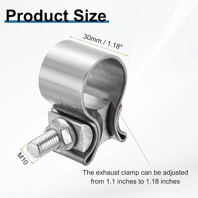 HARFINGTON 410 Stainless Steel Exhaust Clamp 1.18" Butt Joint Narrow Band Muffler Seal Exhaust Narrow Lap Butt Clamps for Pipes Mufflers Converters System Repair, Silver