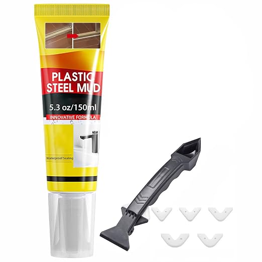 XIRUJNFD 5.3 Oz Multifunctional Waterproof White Caulk with Scraper, Plastic Steel Repair Adhesive for Kitchen Bathroom, Stronger Adhesion Sealant for Window Toilet Sink, Quick-Drying (1 Set)