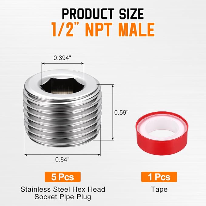 5Pack Hex Head Socket Pipe Plug Fitting Male Threaded End Cap | 1/2" NPT, 304 SS, Hex Thread Pipe Fittings, with W/Tape, for Water Pump Engine Industrial Piping
