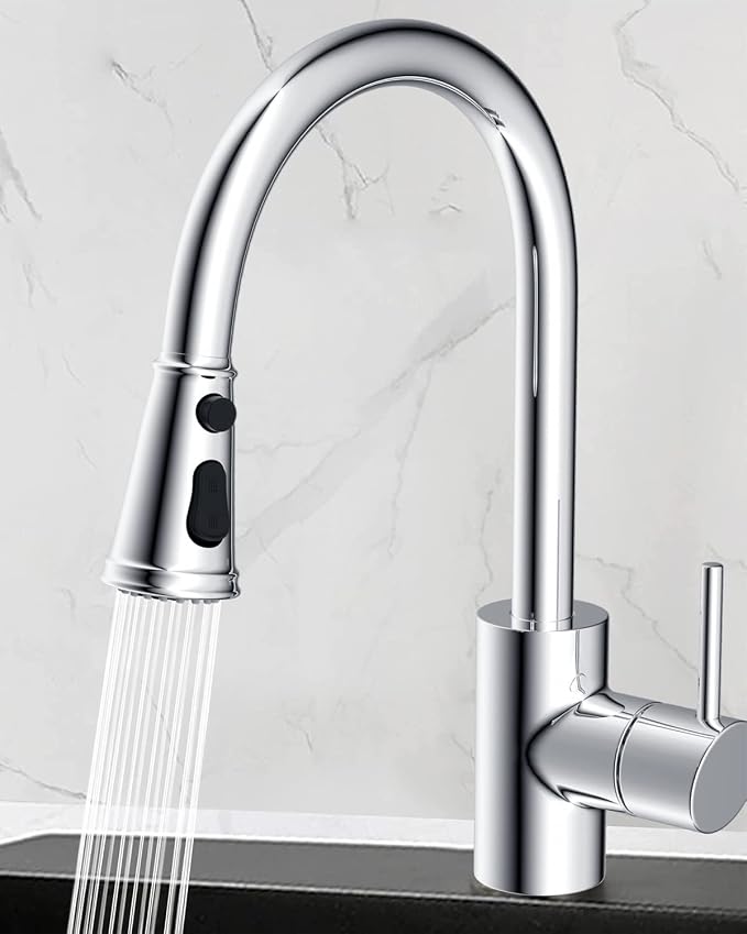 Hibbent Pull Down Kitchen Faucet Head Replacement, NSF/ANSI/CAN 61 & CUPC Certified 3-Function Sink Spray Nozzle with 15 Adapters, Compatible with Moen, Delta, Kohler Faucets-Chrome