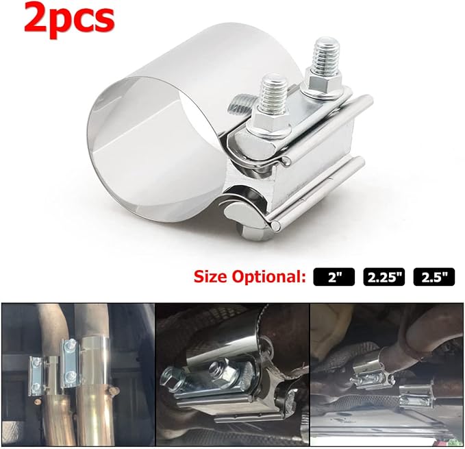 BESULEN 2.25 Inch Exhaust Clamp Butt Joint Band Clamp 2 PCS Stainless Steel | L-shaped block seal structure, bolt tightened connection, fits matching exhaust pipe sizes, automotive exterior accessories