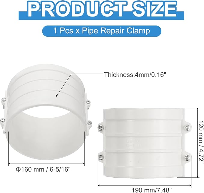 PATIKIL 6-5/16" Water Pipe Repair Clamp PVC Leak Sealer for OD 160mm PE/PPR/Pipes and Plumbing (Length 4.7 Inch), White