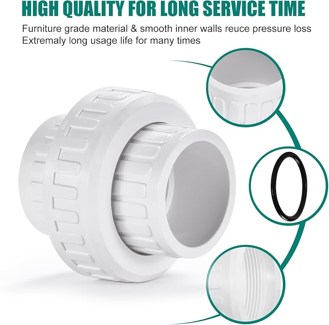 VYH 1" PVC Union Coupling Pipe Fitting,1" PVC Slip Union Schedule 40, PVC Adapter(Socket x Socket), built-in EPDM O-Ring, White (2 Pack)