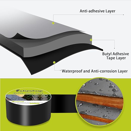Butyl Tape, Joist Tape for Decking, 1 5/8" x 50' Deck Joist Tape Anti-Corrosion Butyl Sealant Tape Protect Your Deck Structure, Beams（4 Rolls）
