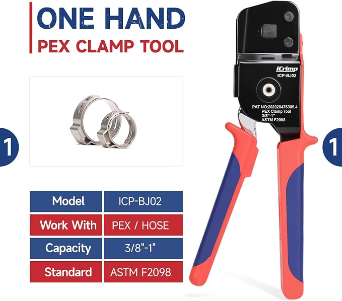 iCrimp KIT-BJ02 PEX Crimping Tool Kit with PEX Clamps, PEX Pipe Cutter, One-Handed PEX Clamp Tool for Cinching 3/8-in, 1/2-in, 3/4-in, 1-in PEX Clamps, Cinch Only