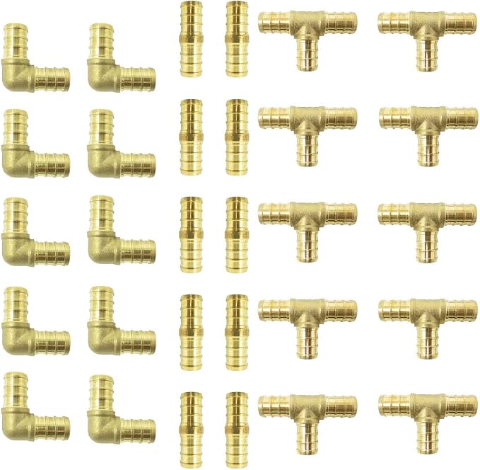 (30 pieces) 1/2" Brass PEX Fittings for 1/2 inch PEX Pipe (10 - Elbow, 10 -TEE, 10 - Coupler/Straights) Kit for Domestic Water and Radiant Heating, DZR and No-Lead Brass Crimp Cinch System PEX GUY