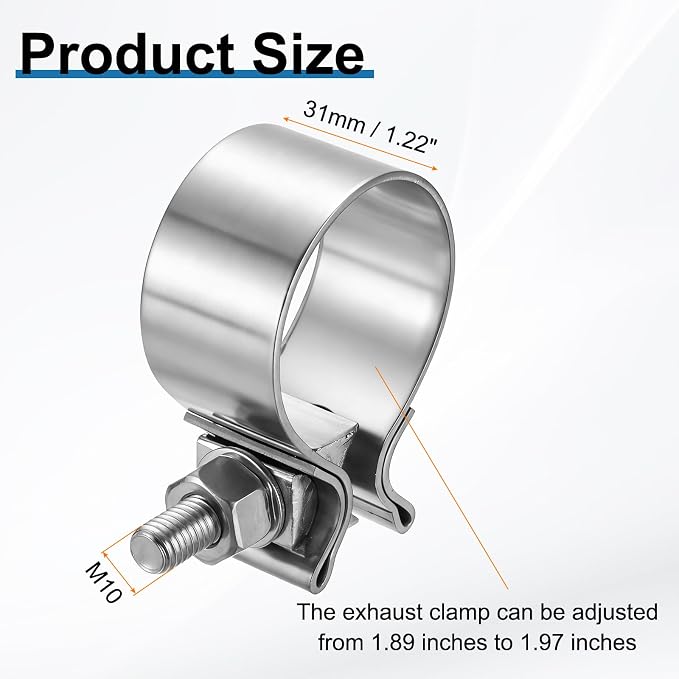 HARFINGTON 2pcs 410 Stainless Steel Exhaust Clamp 1.97" Butt Joint Narrow Band Muffler Seal Exhaust Narrow Lap Butt Clamps for Pipes Mufflers Converters System Repair, Silver
