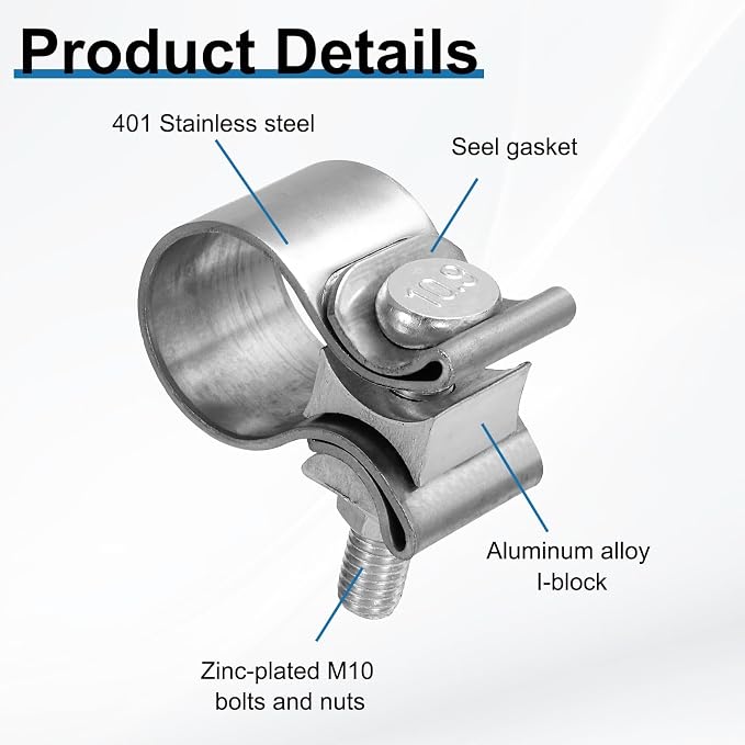 HARFINGTON 410 Stainless Steel Exhaust Clamp 1.18" Butt Joint Narrow Band Muffler Seal Exhaust Narrow Lap Butt Clamps for Pipes Mufflers Converters System Repair, Silver