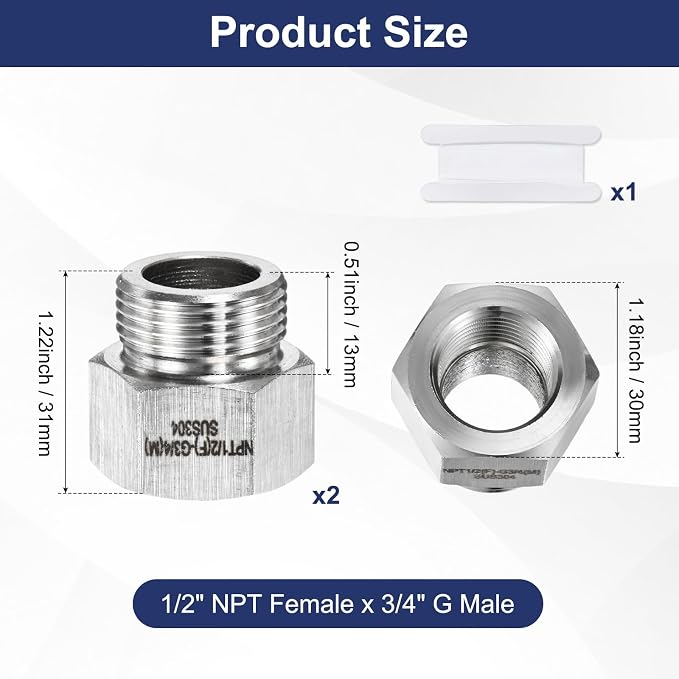 M METERXITY 2-Pack Garden Hose Adapter, Stainless Steel 1/2" NPT Female x 3/4" g Male Threaded Connector with Sealing Tape Garden Hose Convert Fitting for Pipe Fitting/Shower