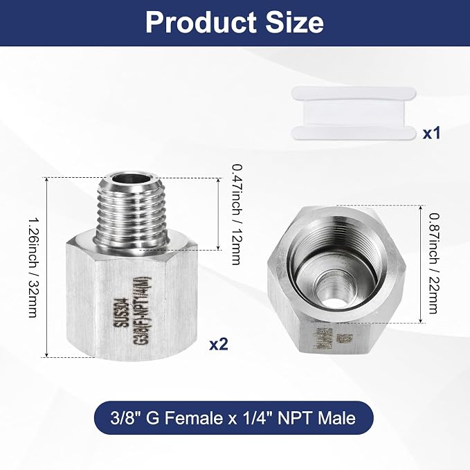 M METERXITY 2-Pack Garden Hose Adapter, Stainless Steel 3/8" g Female x 1/4" NPT Male Threaded Connector with Sealing Tape Garden Hose Convert Fitting for Pipe Fitting/Shower