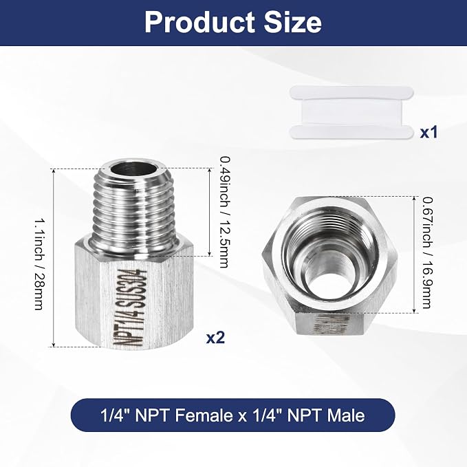 M METERXITY 2-Pack Garden Hose Adapter, Stainless Steel 1/4" NPT Female x 1/4" NPT Male Threaded Connector with Sealing Tape Garden Hose Convert Fitting for Pipe Fitting/Shower