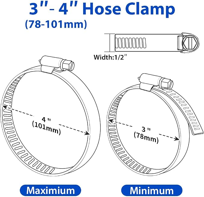 4 Inch Hose Clamp, 10 Pack Stainless Steel Hose Clamps for 3 1/2 Inch to 4 1/2 Inch Hose Pipe Adjustable Large Worm Gear Hose Clamp Assortment Kit for Automotive Plumbing Mechanical Dryer Vent