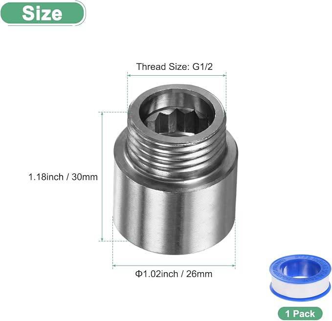 M METERXITY Shower Head Extension Arm, Stainless Steel G1/2 Male to Female Extension Pipe Fitting Adapter with PTFE Thread Seal Tape for Shower/Faucet, Pipe Plumbing Coupler 1.18"/30mm 1-Pack