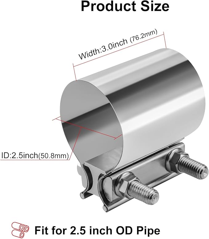 2.5 Exhaust Clamp, 2 1/2 Inch Butt Joint Sleeve Coupler 2 Pcs | 304 Stainless Steel Exhaust Band Clamp, No Weld, 360° Seal For Exhaust Pipe, Muffler and Catalytic Converter