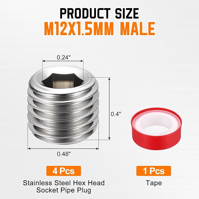 4Pack Hex Head Socket Pipe Plug Fitting M12x1.5mm End Cap Hex Thread | Male Threaded, 304 SS, Pipe Fittings, with W/Tape, for Water Pump Engine Industrial Piping