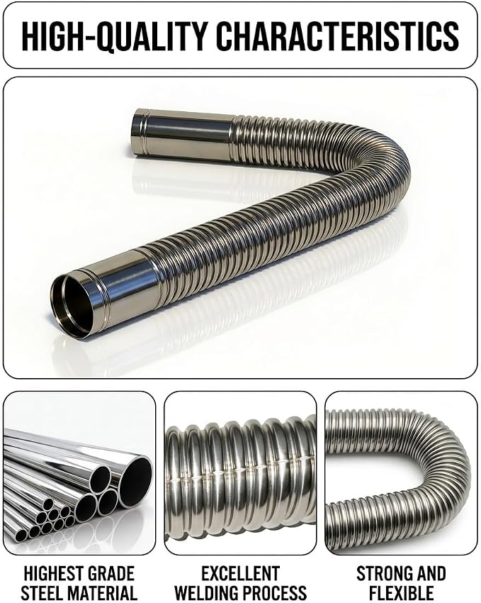 Flexible Stainless Steel Exhaust Tubing, 1.5" ID x 27.6" | Laser Welded Flex Pipe with Coupler, Clamps and Sealing Tape for Generators, Diesel Heaters and RV Exhaust