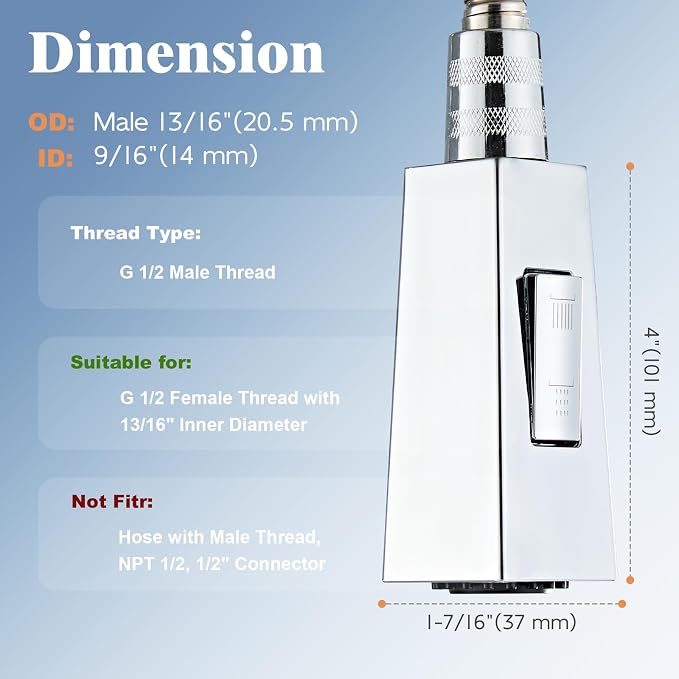 Square Kitchen Faucet Head Replacement Part, G1/2 (13/16" Male Thread) Pull Down Pull Out Sink Sprayer Nozzle, 2-Mode Stream & Spray Tap Spout Only, Splash-Free & Anti-Clog, Chrome