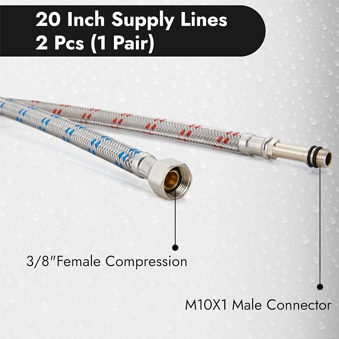 Midanya 20 Inch Sink Hose,3/8” Female x M10 Male Faucet Supply Lines,2 Pcs