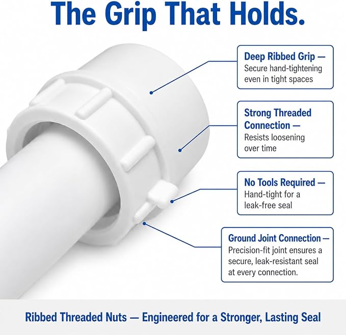 1-1/4 Inch P-Trap Kit, Polypropylene Tubular with PVC Marvel Adapter, Ribbed Threaded Nuts for Strong Leak-Free Connection, Includes J-Bend, Wall Arm & Washers